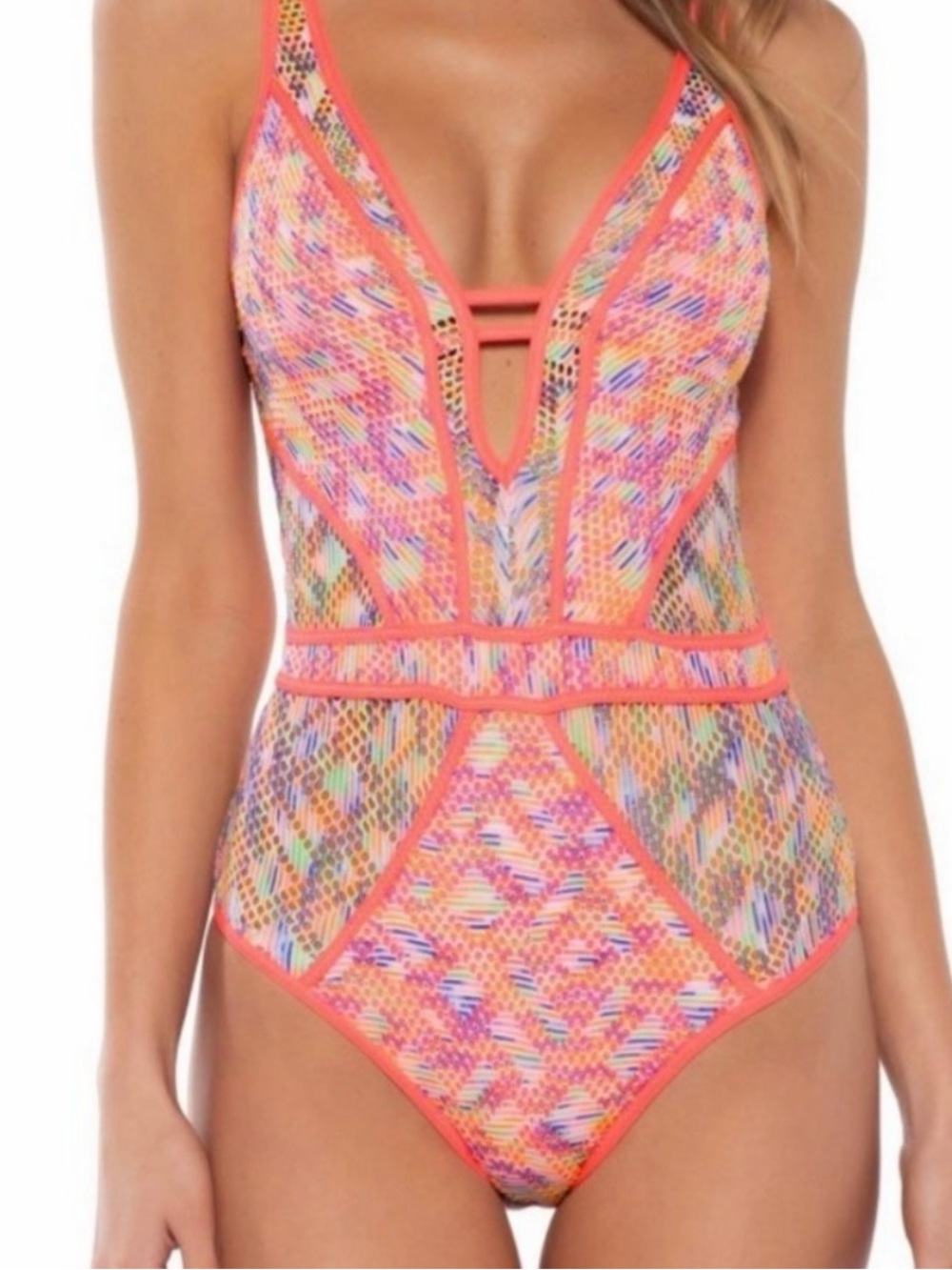 BECCA Neon Coral-Trim Show & Tell Mesh One-Piece - SIZE XL